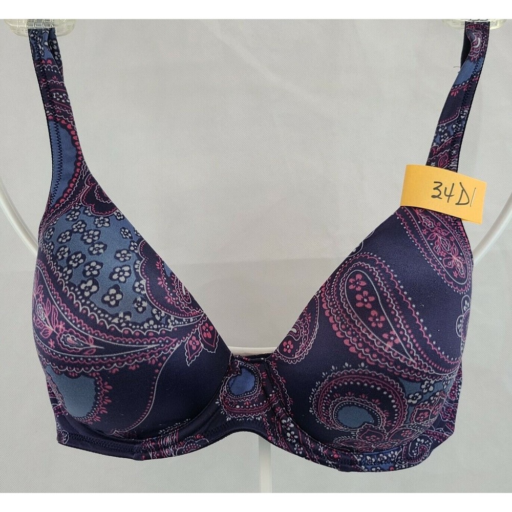 34D Navy Blue and Pink Floral Paisley Lightly Padded Underwire Demi Bra